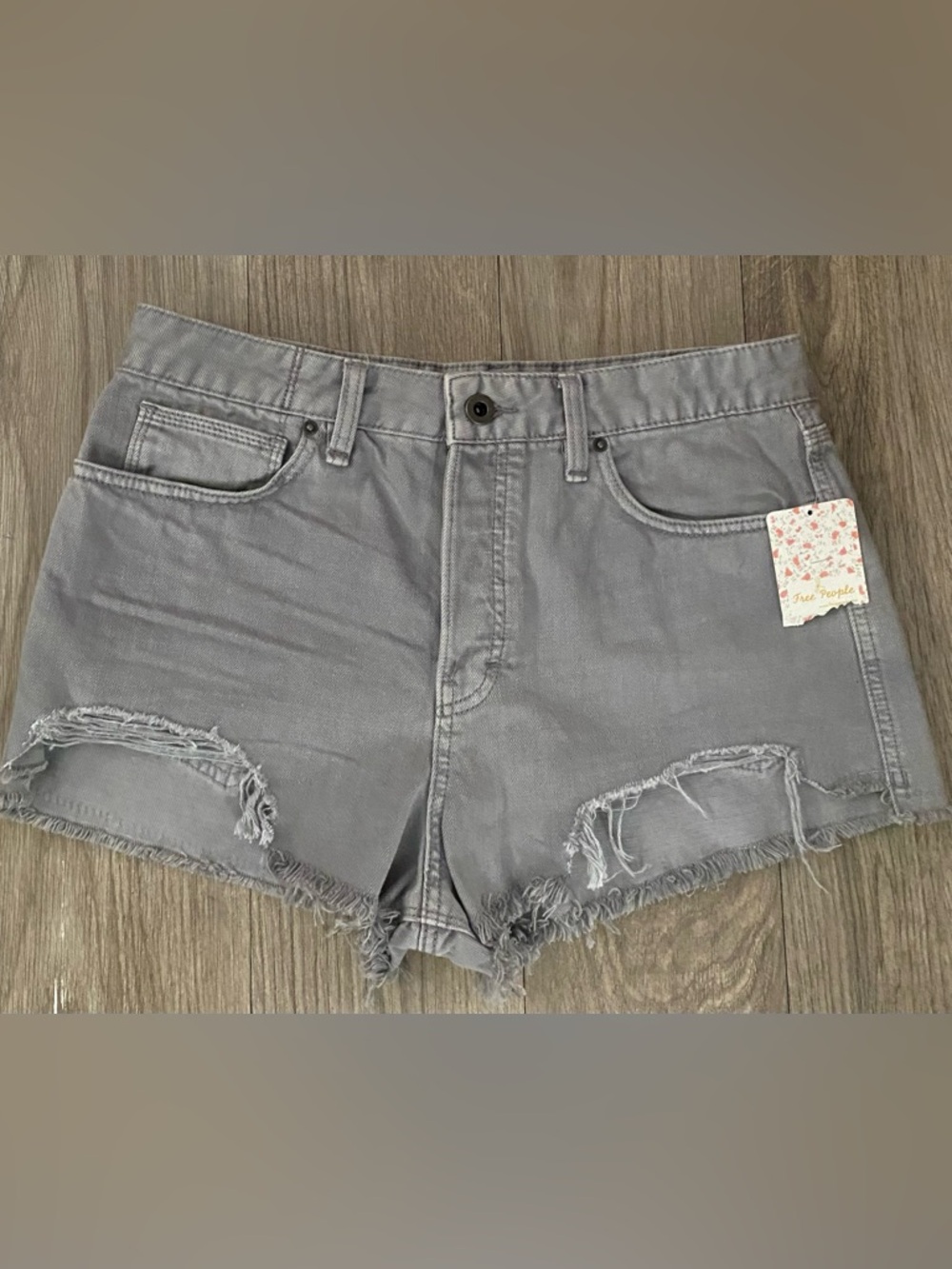Free People Cloudy Grey Logan Distressed Jean Shorts